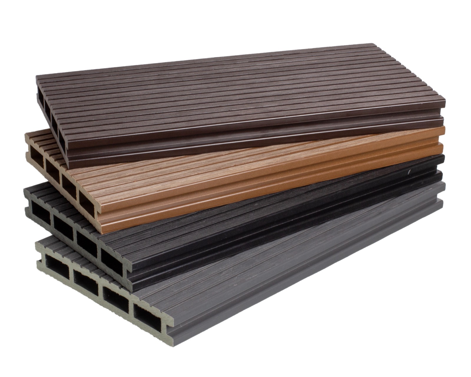 Четыре цвета террасной доски Altay Decking: венге, графит, орех, серый